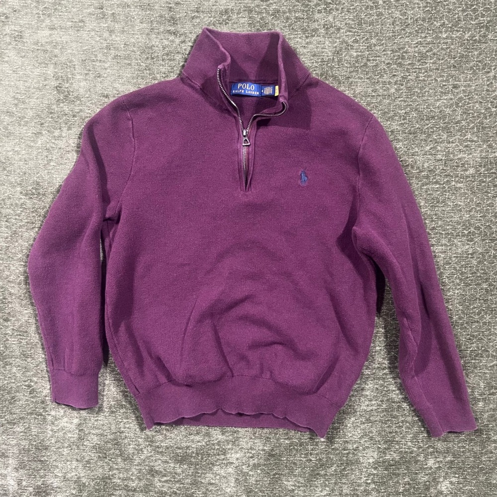 Polo Ralph Lauren Pullover Sweater Mens Medium Purple Quarter Zip Knit Logo